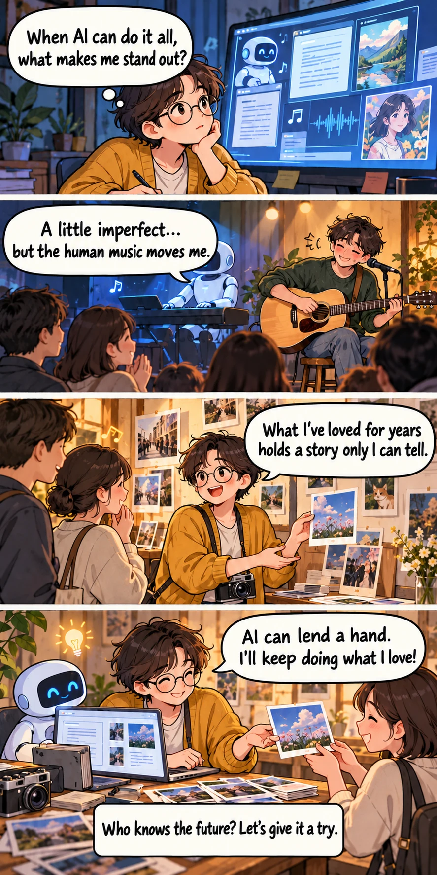 Four-panel comic. 1: When AI can do it all, what makes me stand out? 2: A little imperfect, but the human music moves me. 3: What I've loved for years holds a story only I can tell. 4: AI can lend a hand. I'll keep doing what I love! Who knows the future? Let's give it a try.