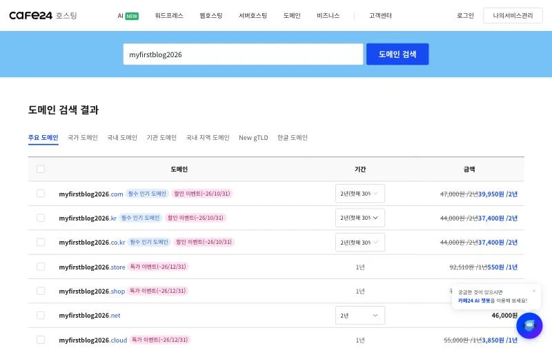 Domain search results for an example name