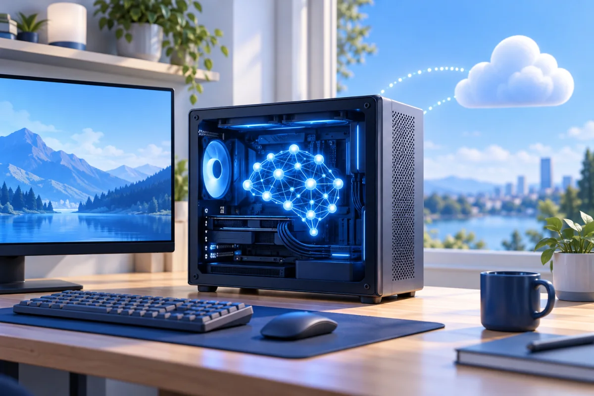 책상 위 데스크톱 PC 안에서 빛나는 신경망으로 표현한 로컬 LLM